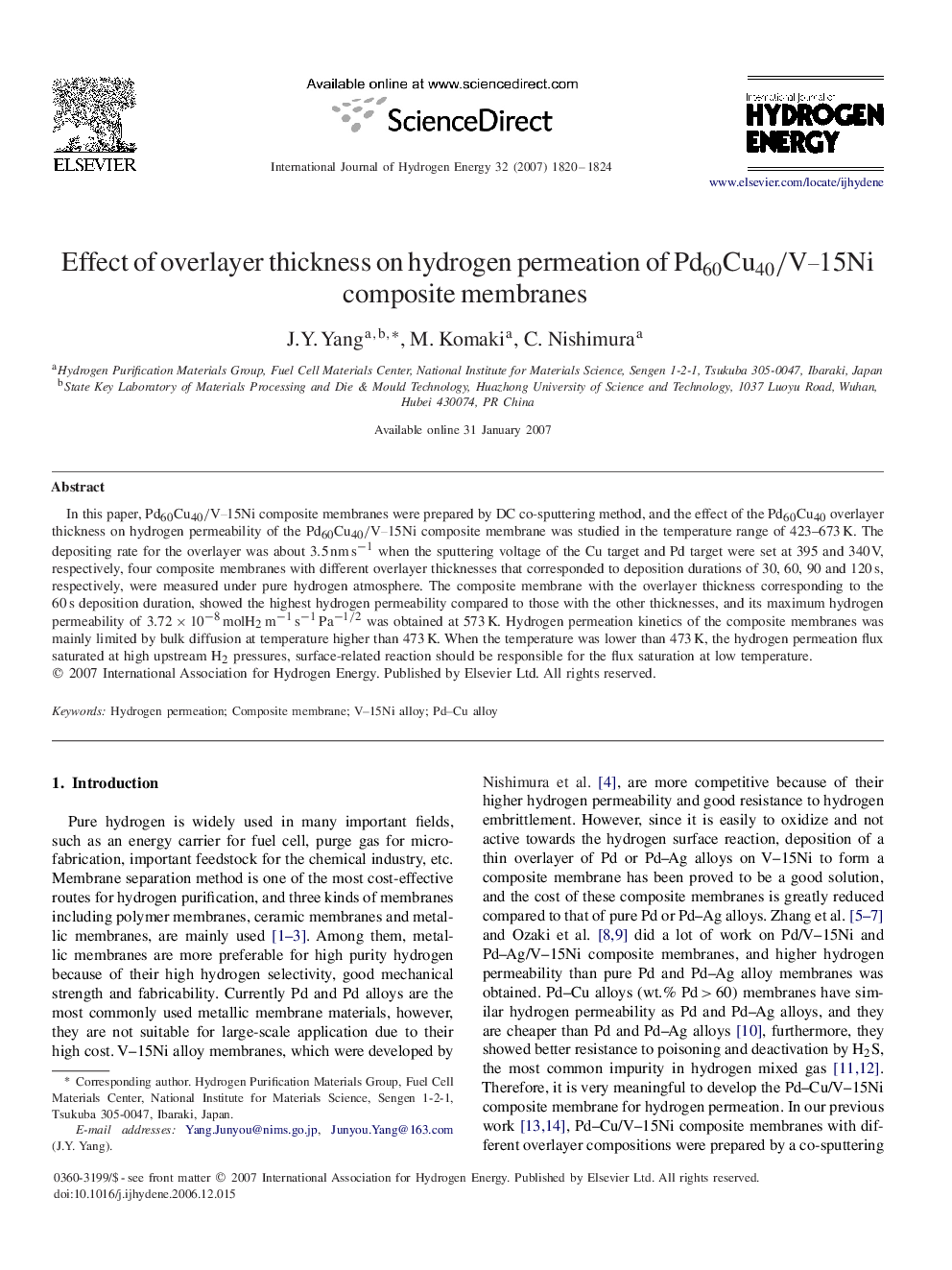 Effect of overlayer thickness on hydrogen permeation of Pd60Cu40/V–15NiPd60Cu40/V–15Ni composite membranes