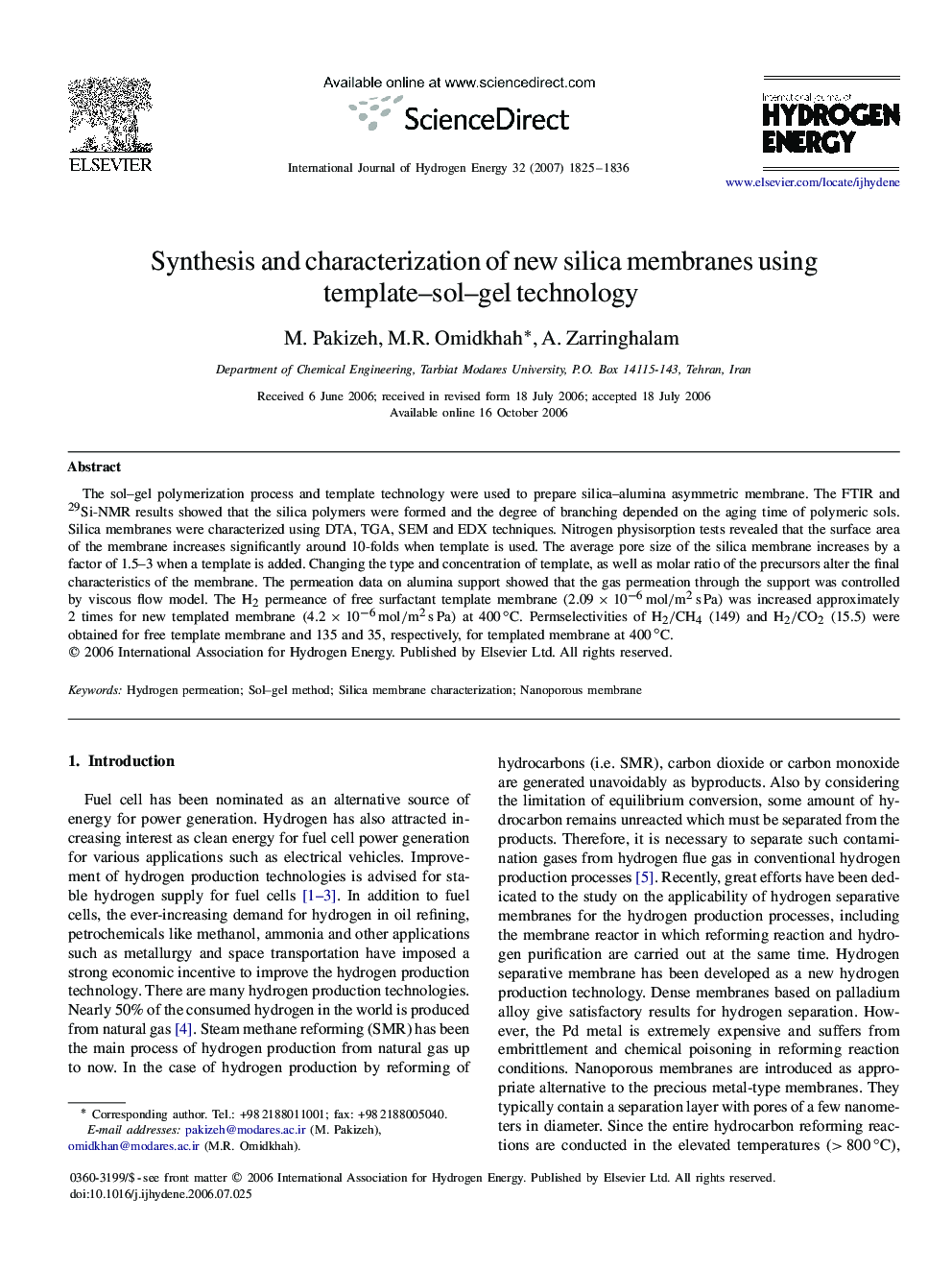 Synthesis and characterization of new silica membranes using template–sol–gel technology