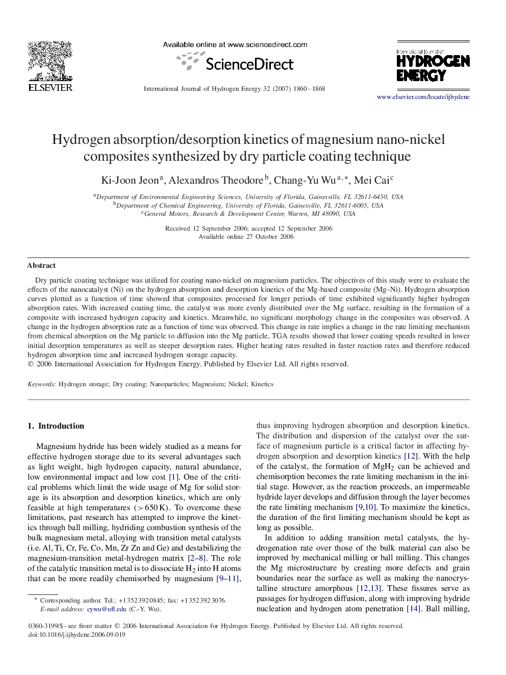 Hydrogen absorption/desorption kinetics of magnesium nano-nickel composites synthesized by dry particle coating technique