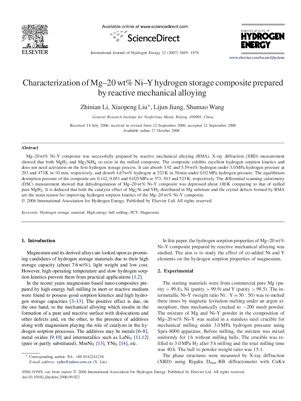 Characterization of Mg–20 wt% Ni–Y hydrogen storage composite prepared by reactive mechanical alloying