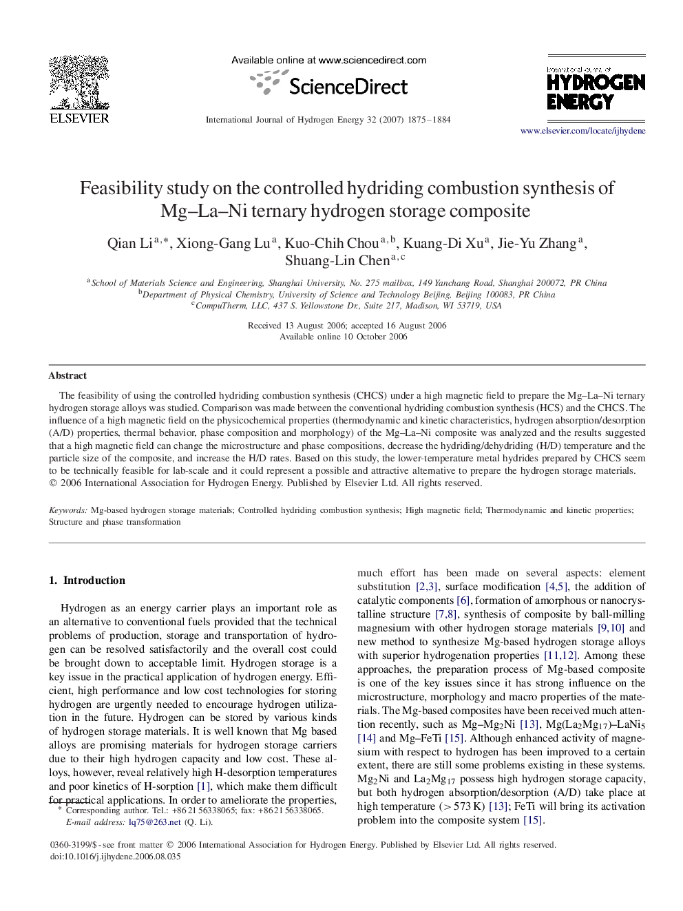 Feasibility study on the controlled hydriding combustion synthesis of Mg–La–Ni ternary hydrogen storage composite