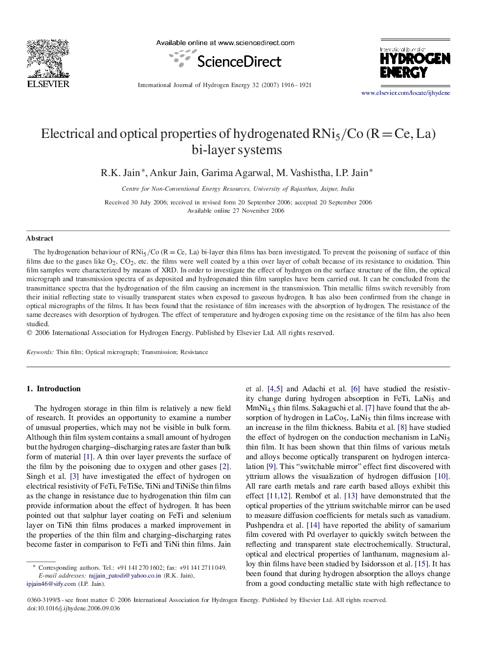 Electrical and optical properties of hydrogenated RNi5/Co (R=Ce, La) bi-layer systems