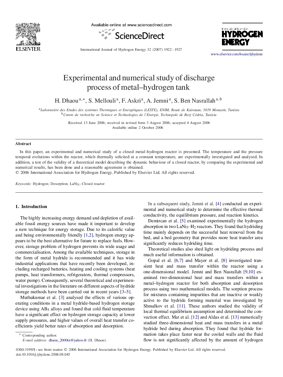 Experimental and numerical study of discharge process of metal–hydrogen tank