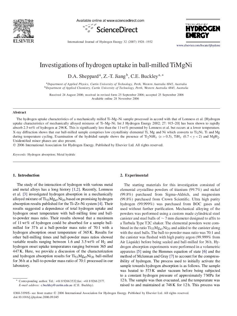 Investigations of hydrogen uptake in ball-milled TiMgNi