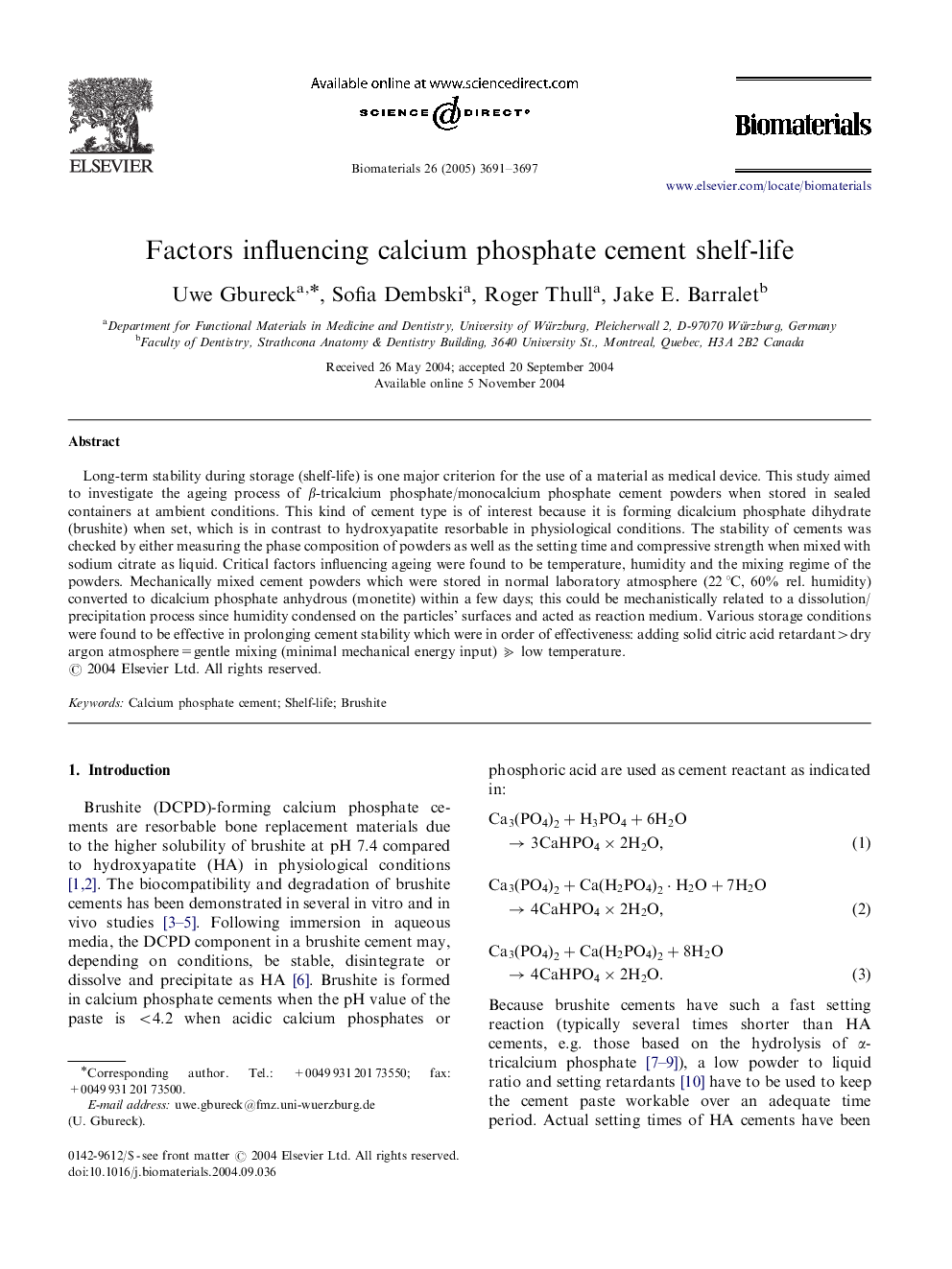 Factors influencing calcium phosphate cement shelf-life