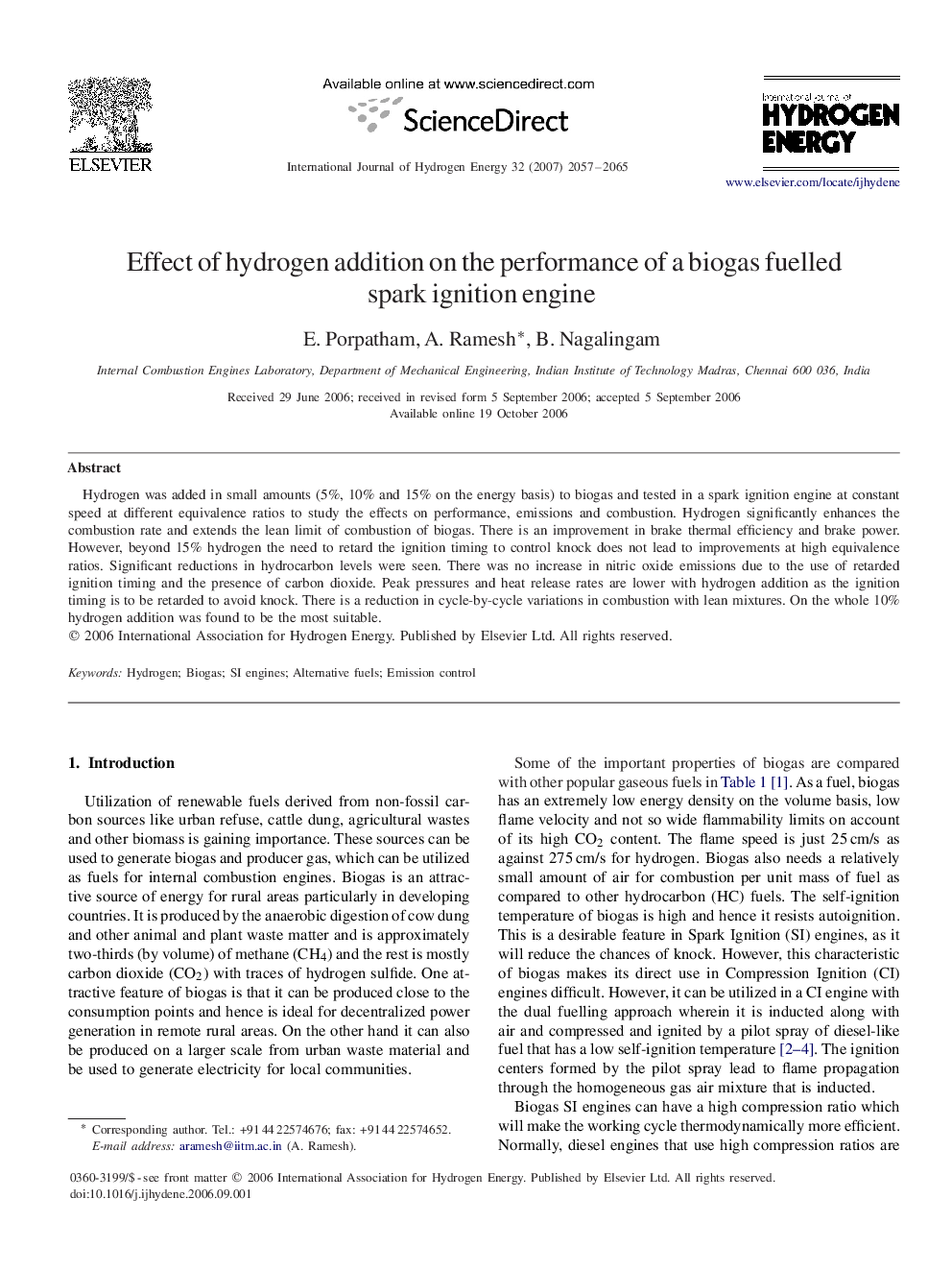 Effect of hydrogen addition on the performance of a biogas fuelled spark ignition engine