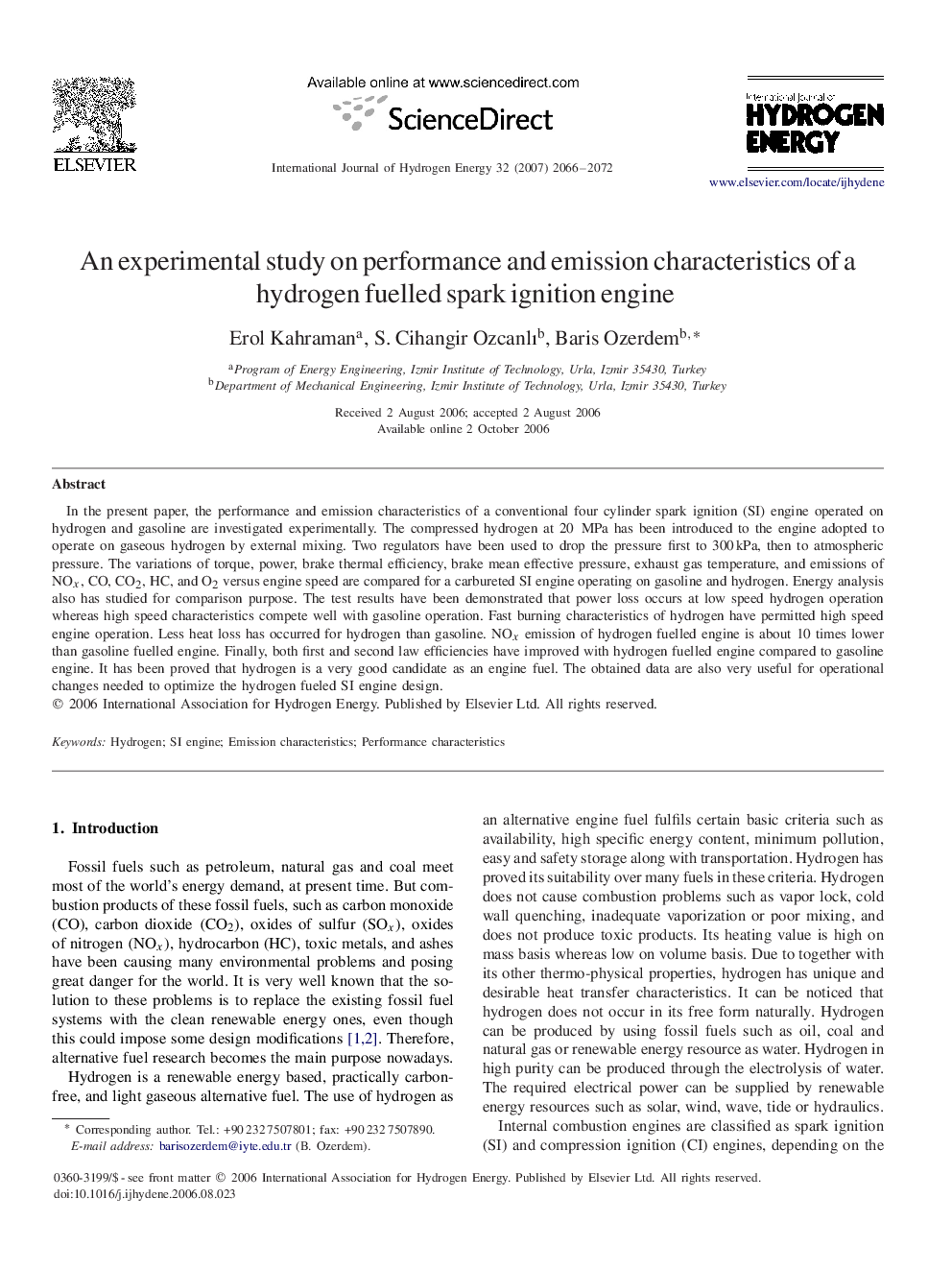 An experimental study on performance and emission characteristics of a hydrogen fuelled spark ignition engine