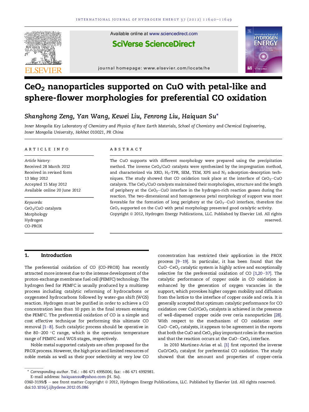 CeO2 nanoparticles supported on CuO with petal-like and sphere-flower morphologies for preferential CO oxidation