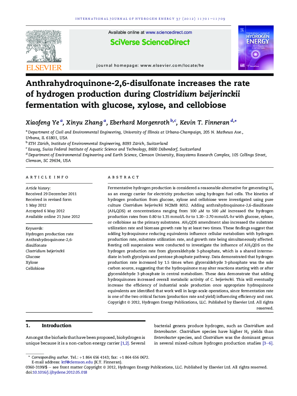Anthrahydroquinone-2,6-disulfonate increases the rate of hydrogen production during Clostridium beijerinckii fermentation with glucose, xylose, and cellobiose