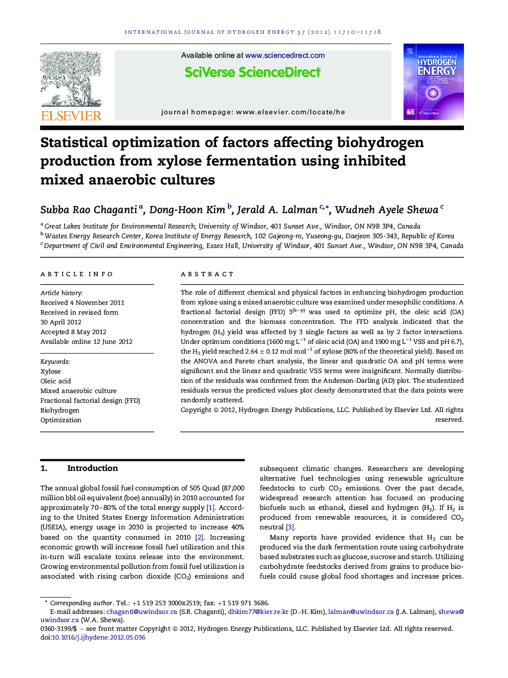 Statistical optimization of factors affecting biohydrogen production from xylose fermentation using inhibited mixed anaerobic cultures