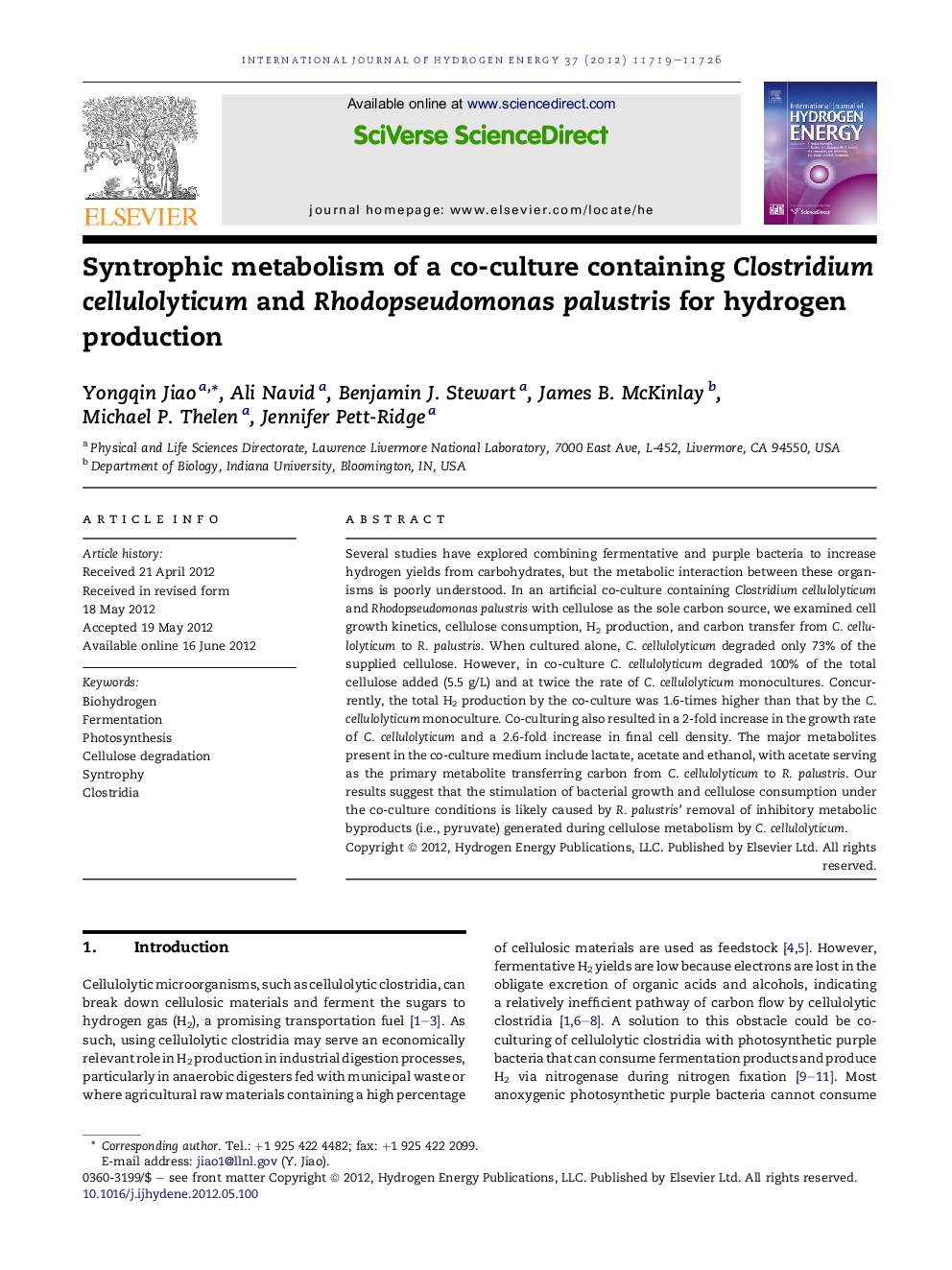 Syntrophic metabolism of a co-culture containing Clostridium cellulolyticum and Rhodopseudomonas palustris for hydrogen production