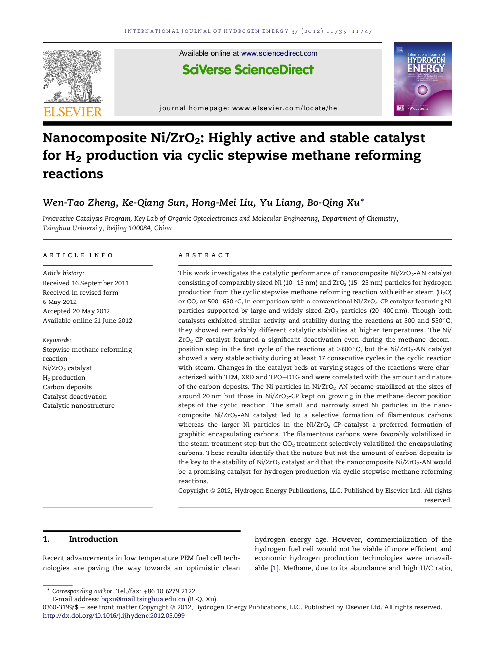 Nanocomposite Ni/ZrO2: Highly active and stable catalyst for H2 production via cyclic stepwise methane reforming reactions