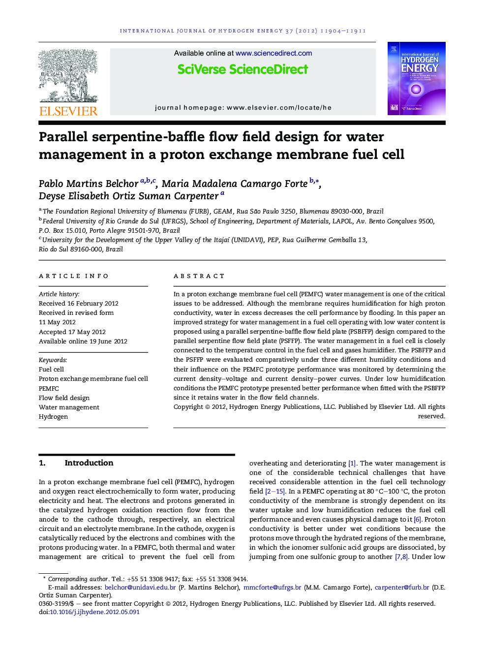 Parallel serpentine-baffle flow field design for water management in a proton exchange membrane fuel cell