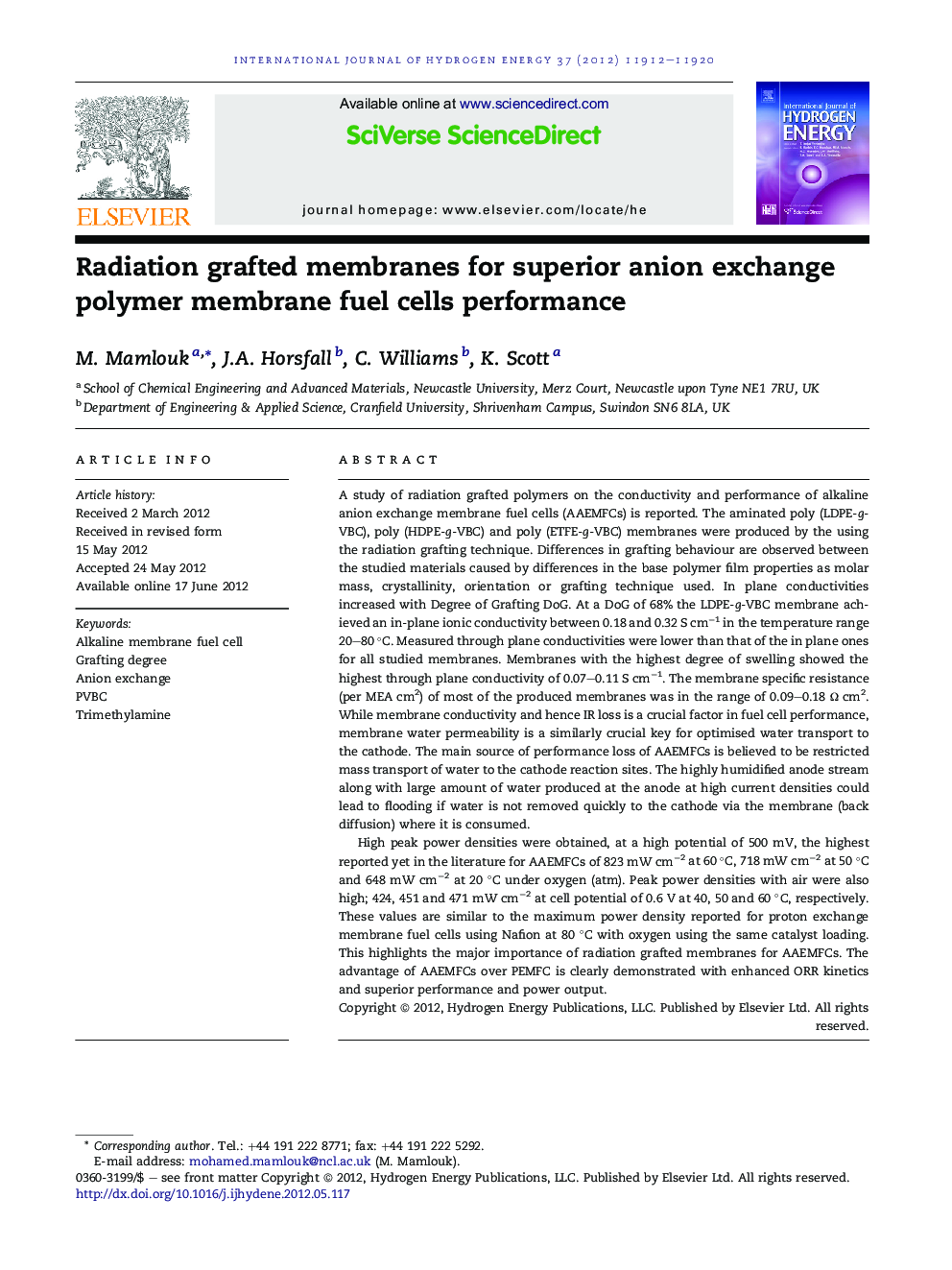 Radiation grafted membranes for superior anion exchange polymer membrane fuel cells performance