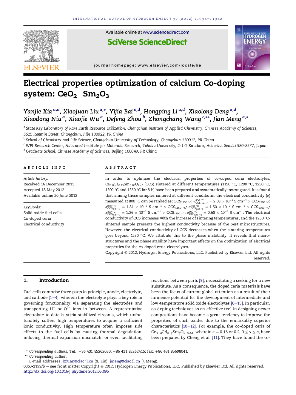 Electrical properties optimization of calcium Co-doping system: CeO2–Sm2O3