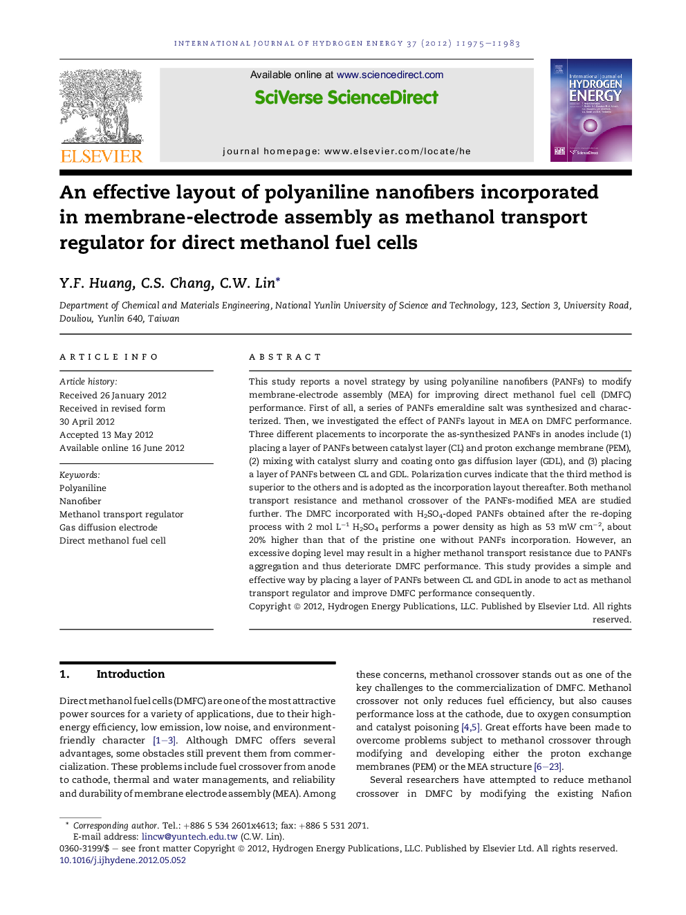 An effective layout of polyaniline nanofibers incorporated in membrane-electrode assembly as methanol transport regulator for direct methanol fuel cells