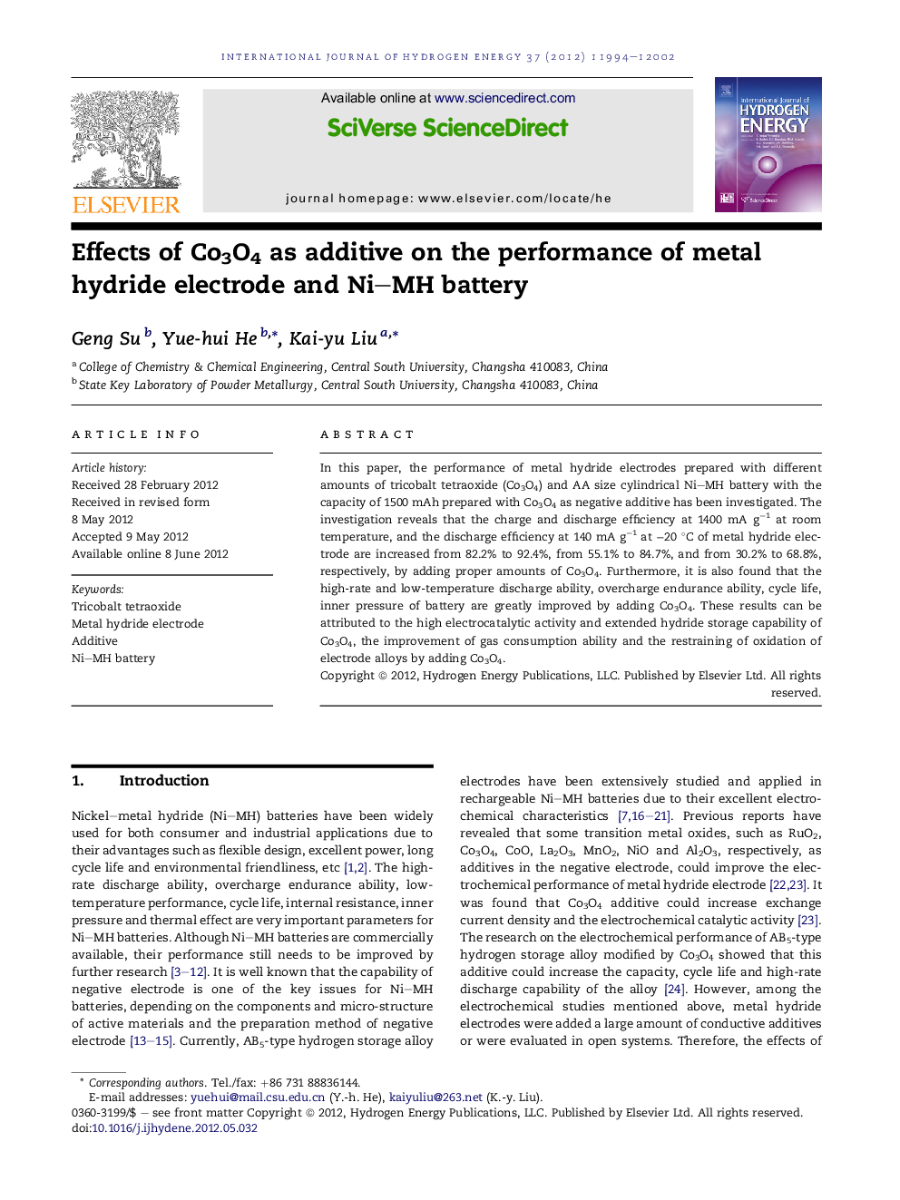 Effects of Co3O4 as additive on the performance of metal hydride electrode and Ni–MH battery