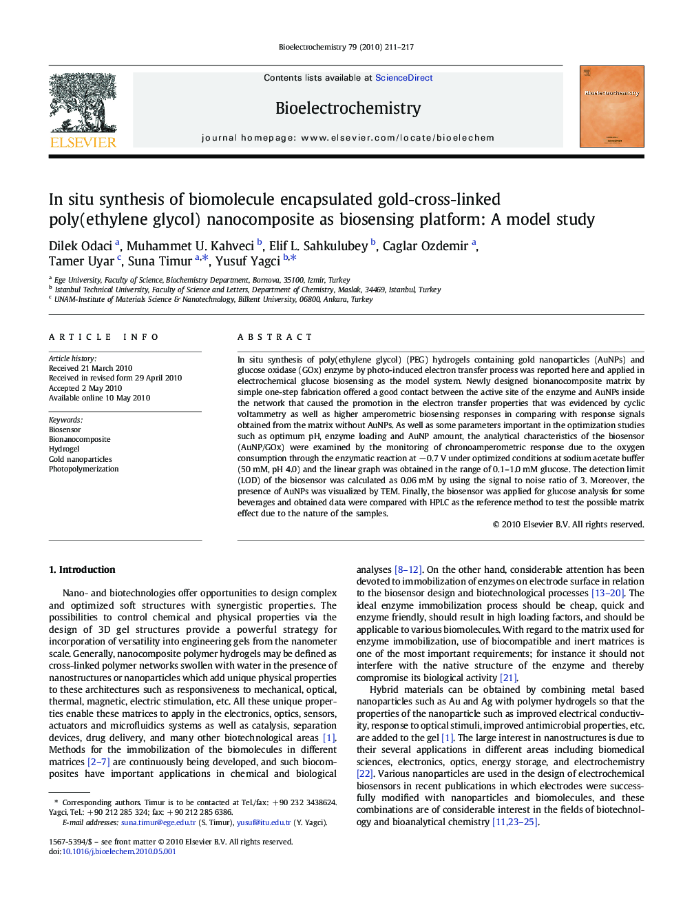 In situ synthesis of biomolecule encapsulated gold-cross-linked poly(ethylene glycol) nanocomposite as biosensing platform: A model study