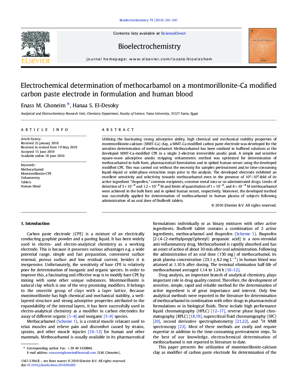 Electrochemical determination of methocarbamol on a montmorillonite-Ca modified carbon paste electrode in formulation and human blood