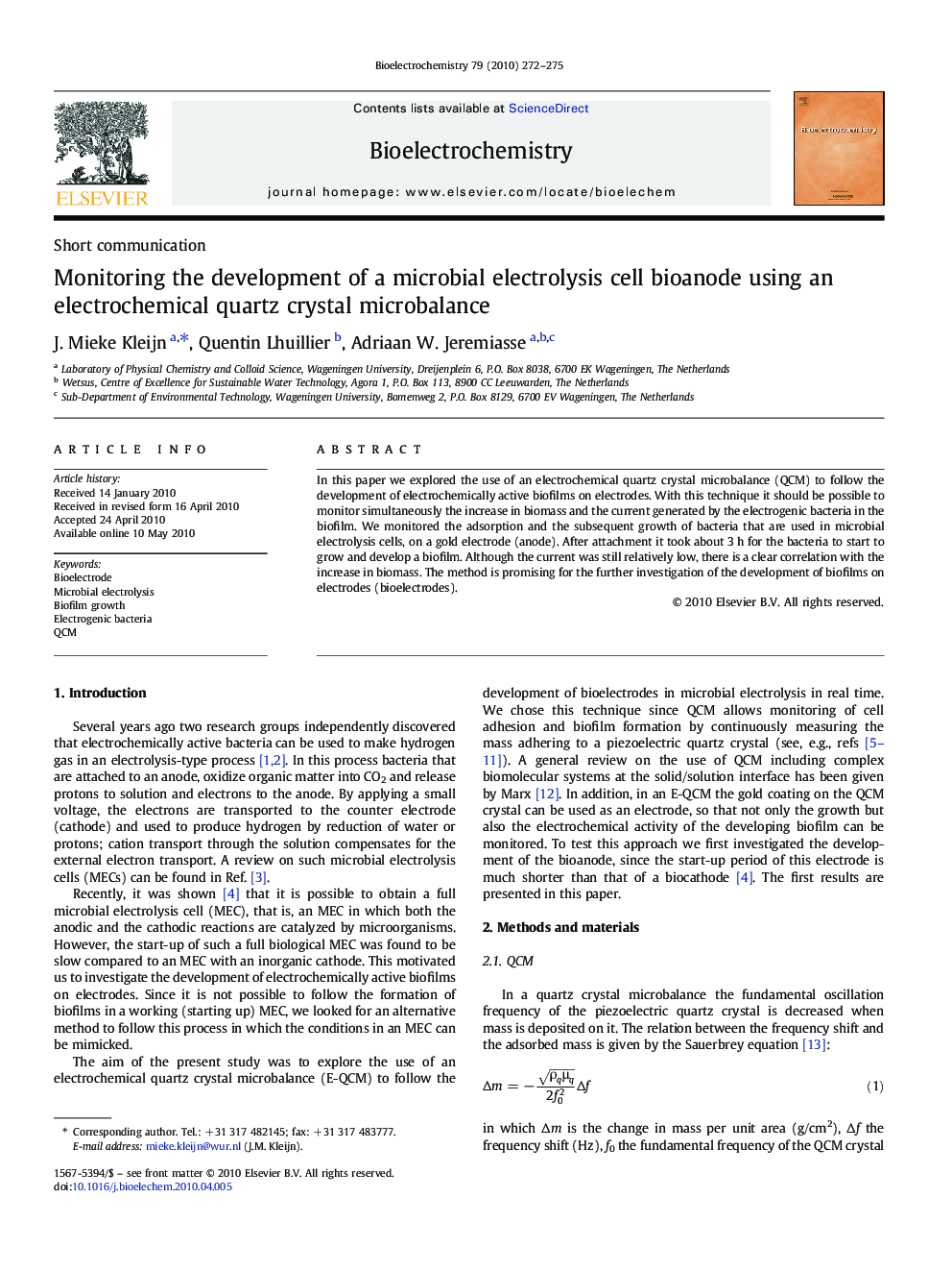 Monitoring the development of a microbial electrolysis cell bioanode using an electrochemical quartz crystal microbalance