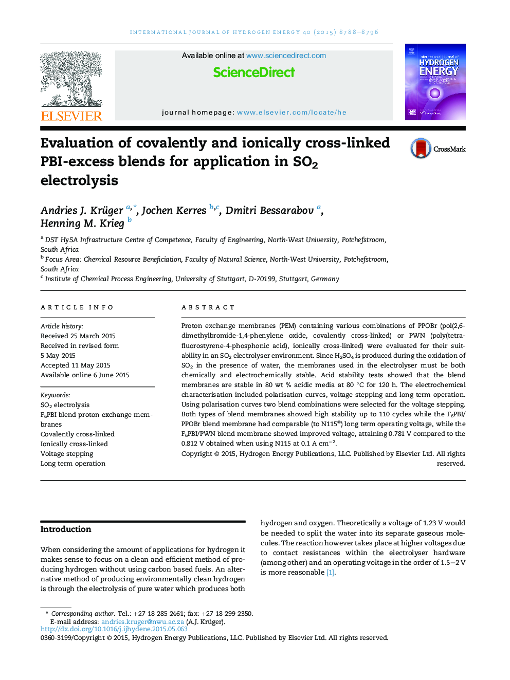 Evaluation of covalently and ionically cross-linked PBI-excess blends for application in SO2 electrolysis