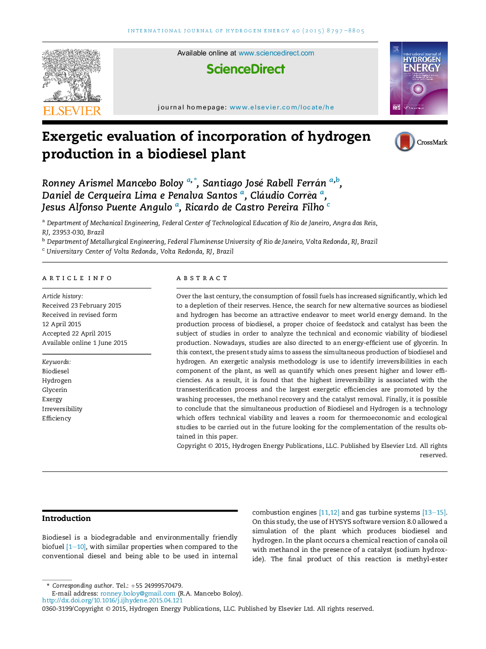 Exergetic evaluation of incorporation of hydrogen production in a biodiesel plant