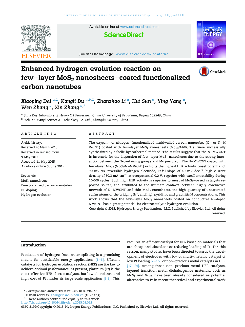 Enhanced hydrogen evolution reaction on few–layer MoS2 nanosheets–coated functionalized carbon nanotubes