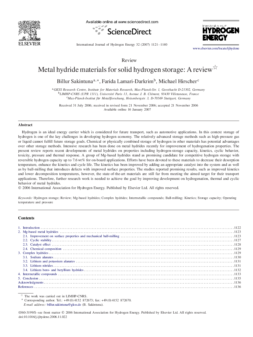 Metal hydride materials for solid hydrogen storage: A review 