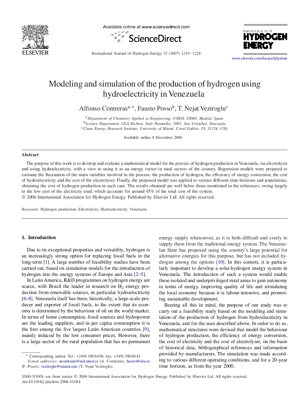 Modeling and simulation of the production of hydrogen using hydroelectricity in Venezuela