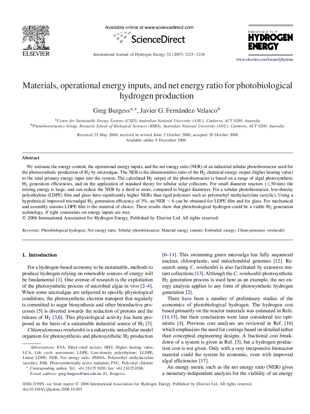 Materials, operational energy inputs, and net energy ratio for photobiological hydrogen production