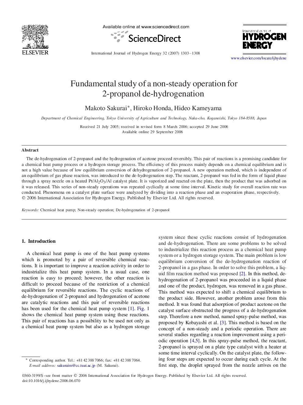 Fundamental study of a non-steady operation for 2-propanol de-hydrogenation