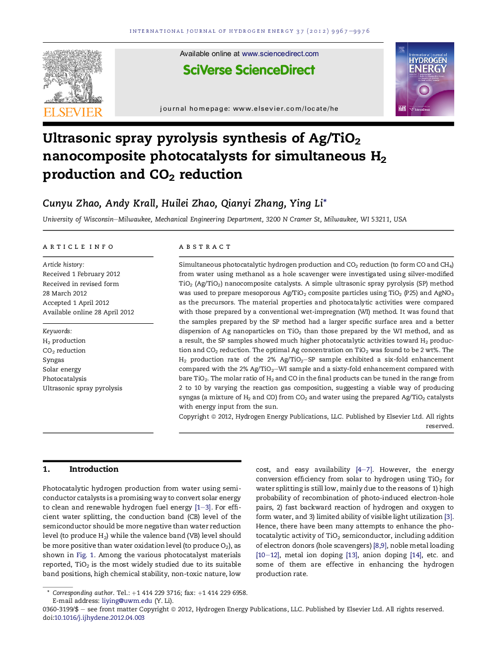 Ultrasonic spray pyrolysis synthesis of Ag/TiO2 nanocomposite photocatalysts for simultaneous H2 production and CO2 reduction