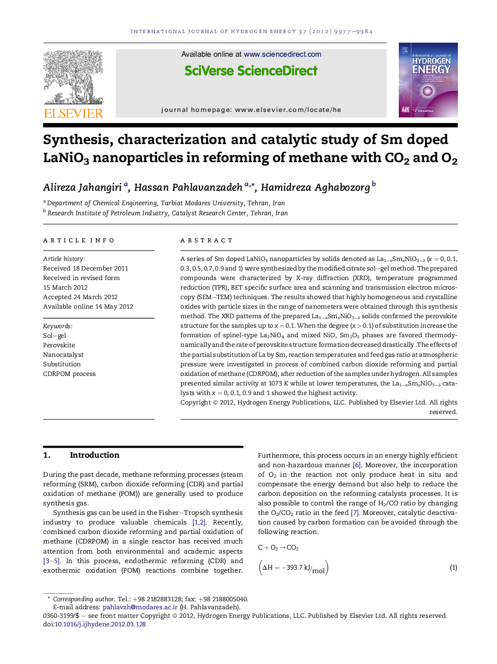 Synthesis, characterization and catalytic study of Sm doped LaNiO3 nanoparticles in reforming of methane with CO2 and O2