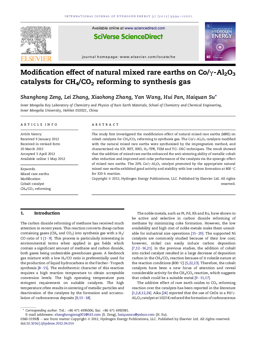 Modification effect of natural mixed rare earths on Co/γ-Al2O3 catalysts for CH4/CO2 reforming to synthesis gas