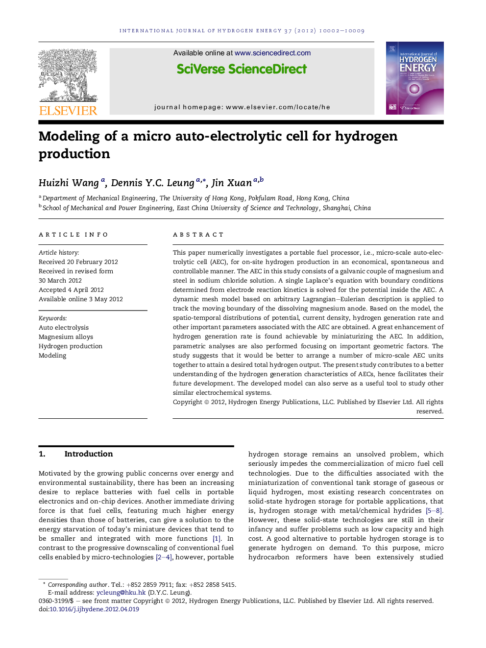 Modeling of a micro auto-electrolytic cell for hydrogen production