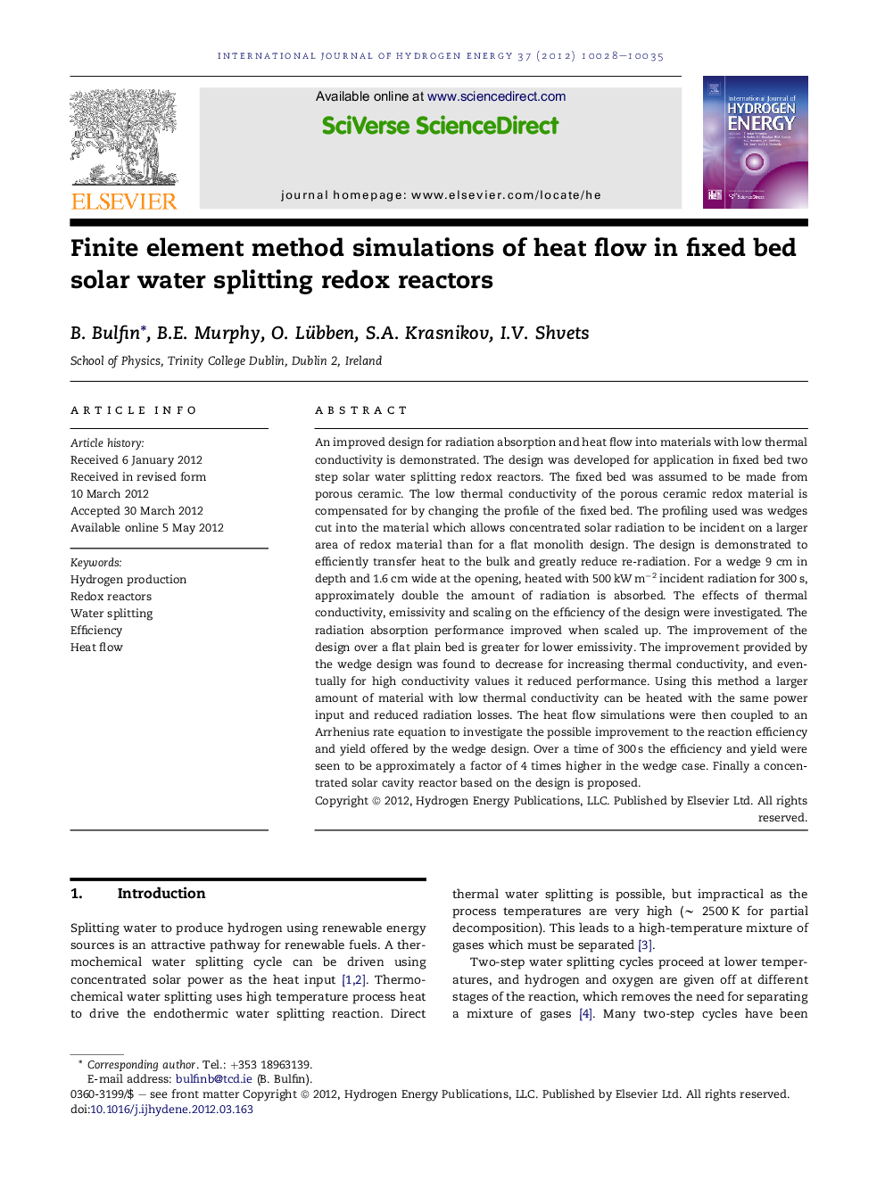 Finite element method simulations of heat flow in fixed bed solar water splitting redox reactors