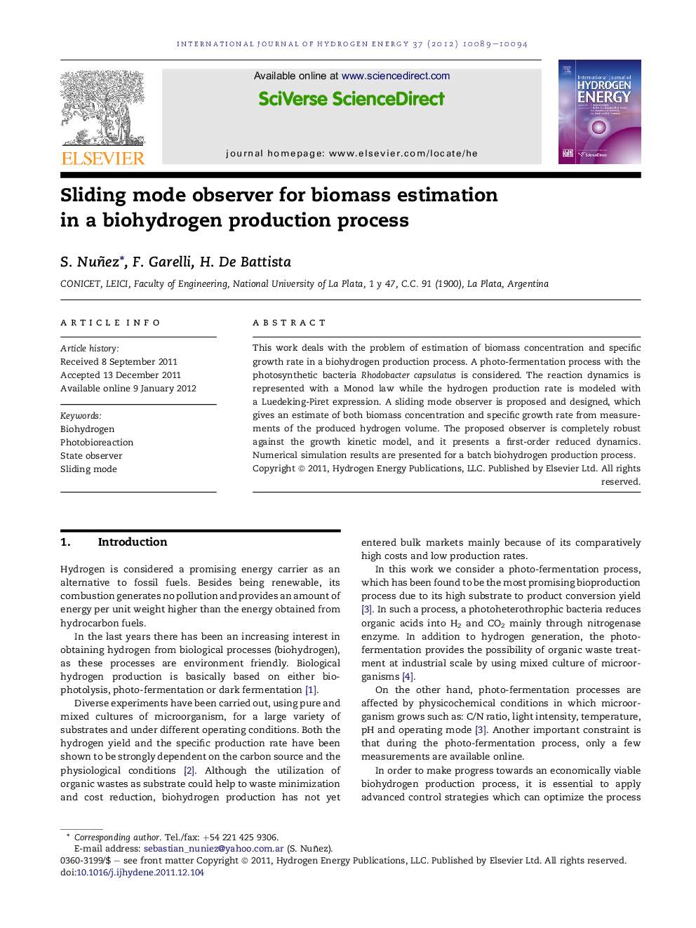 Sliding mode observer for biomass estimation in a biohydrogen production process