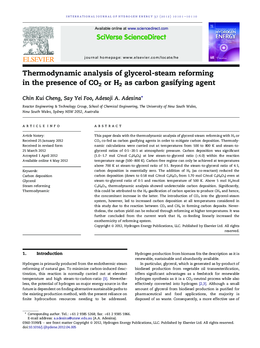 Thermodynamic analysis of glycerol-steam reforming in the presence of CO2 or H2 as carbon gasifying agent