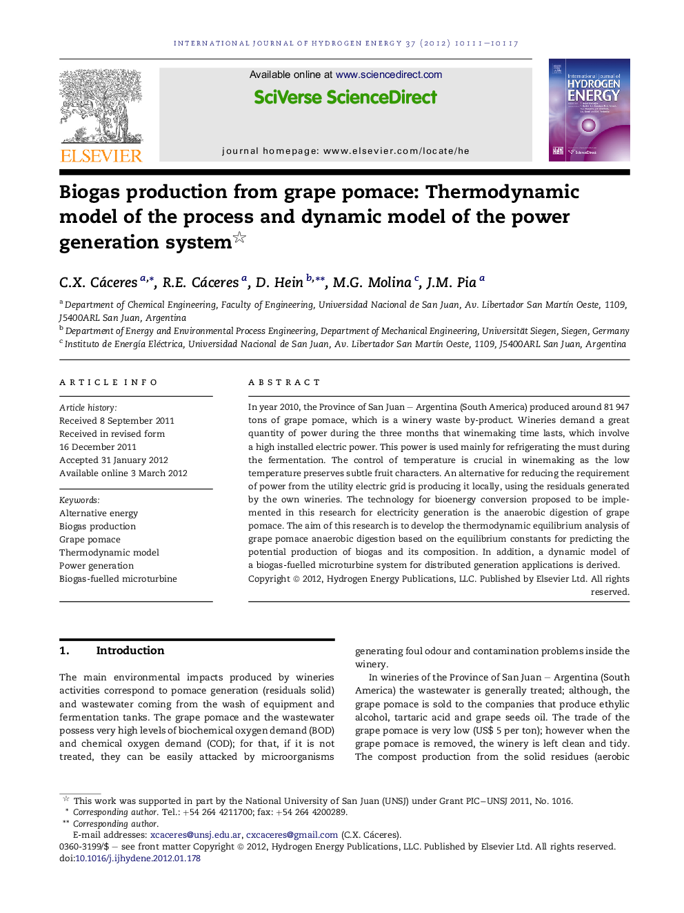 Biogas production from grape pomace: Thermodynamic model of the process and dynamic model of the power generation system 