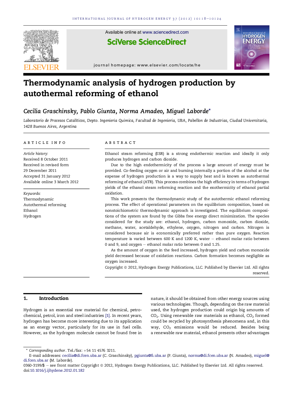 Thermodynamic analysis of hydrogen production by autothermal reforming of ethanol