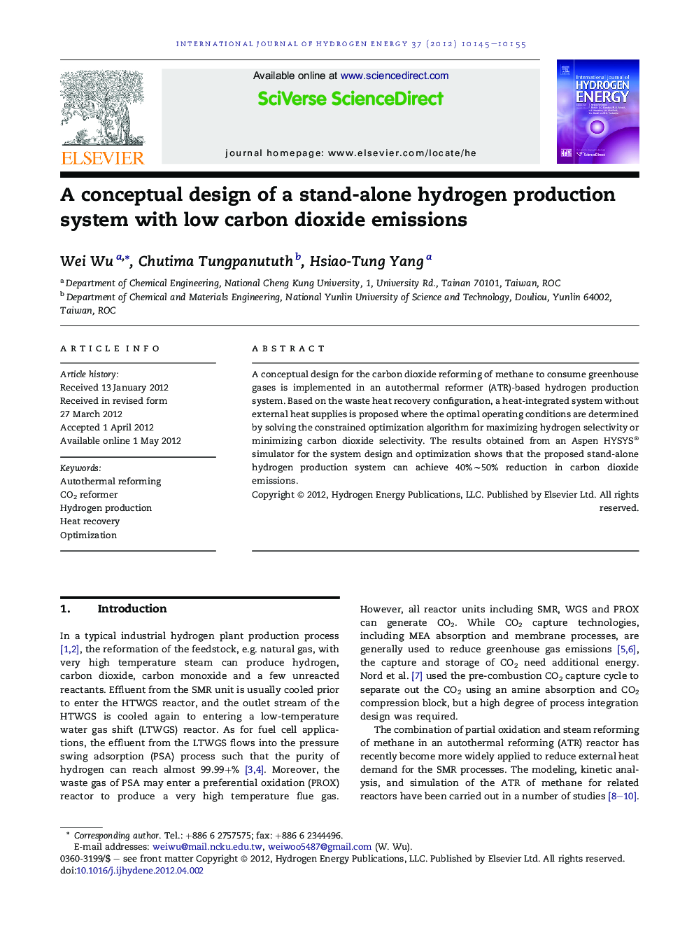 A conceptual design of a stand-alone hydrogen production system with low carbon dioxide emissions