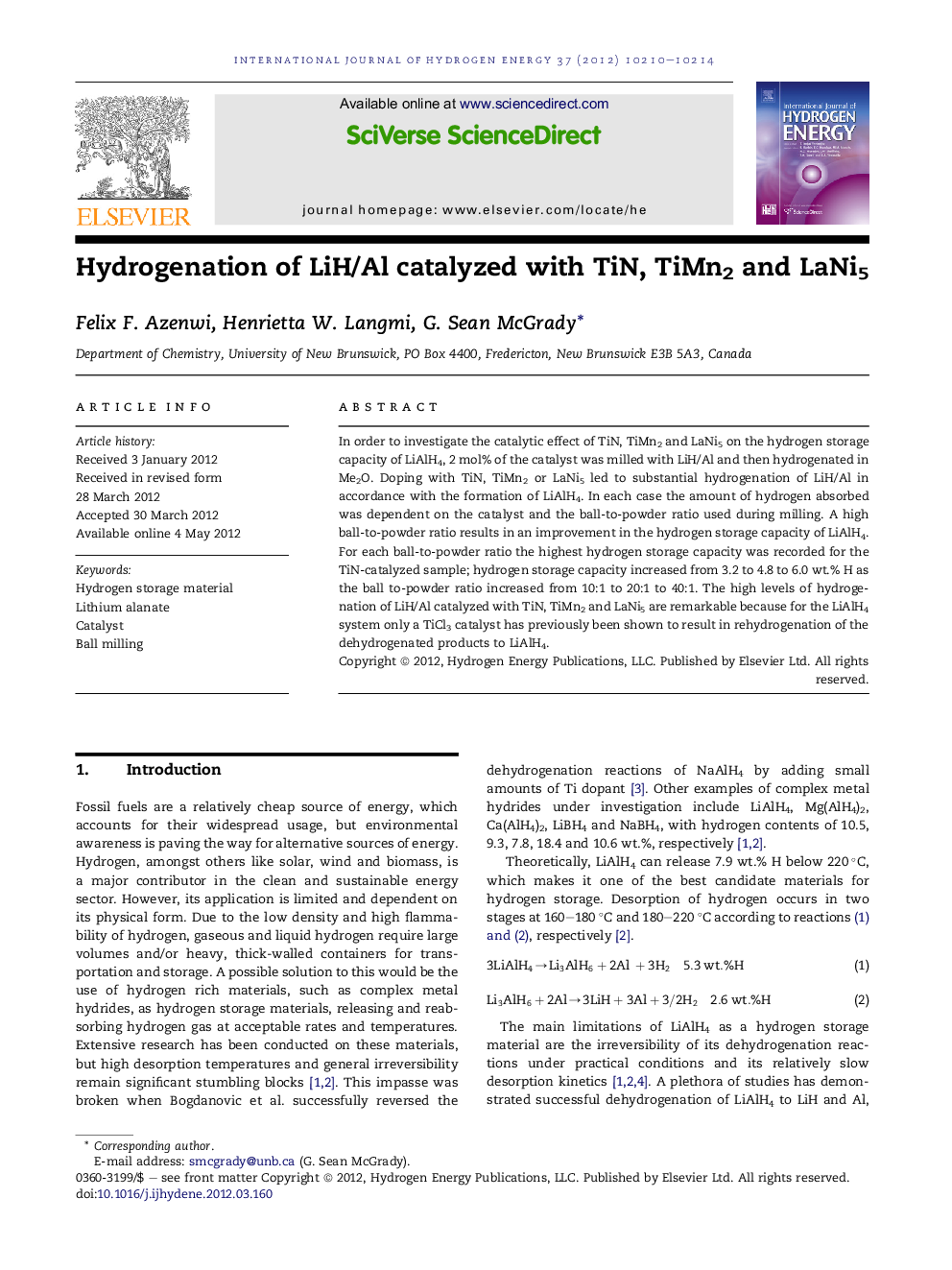 Hydrogenation of LiH/Al catalyzed with TiN, TiMn2 and LaNi5