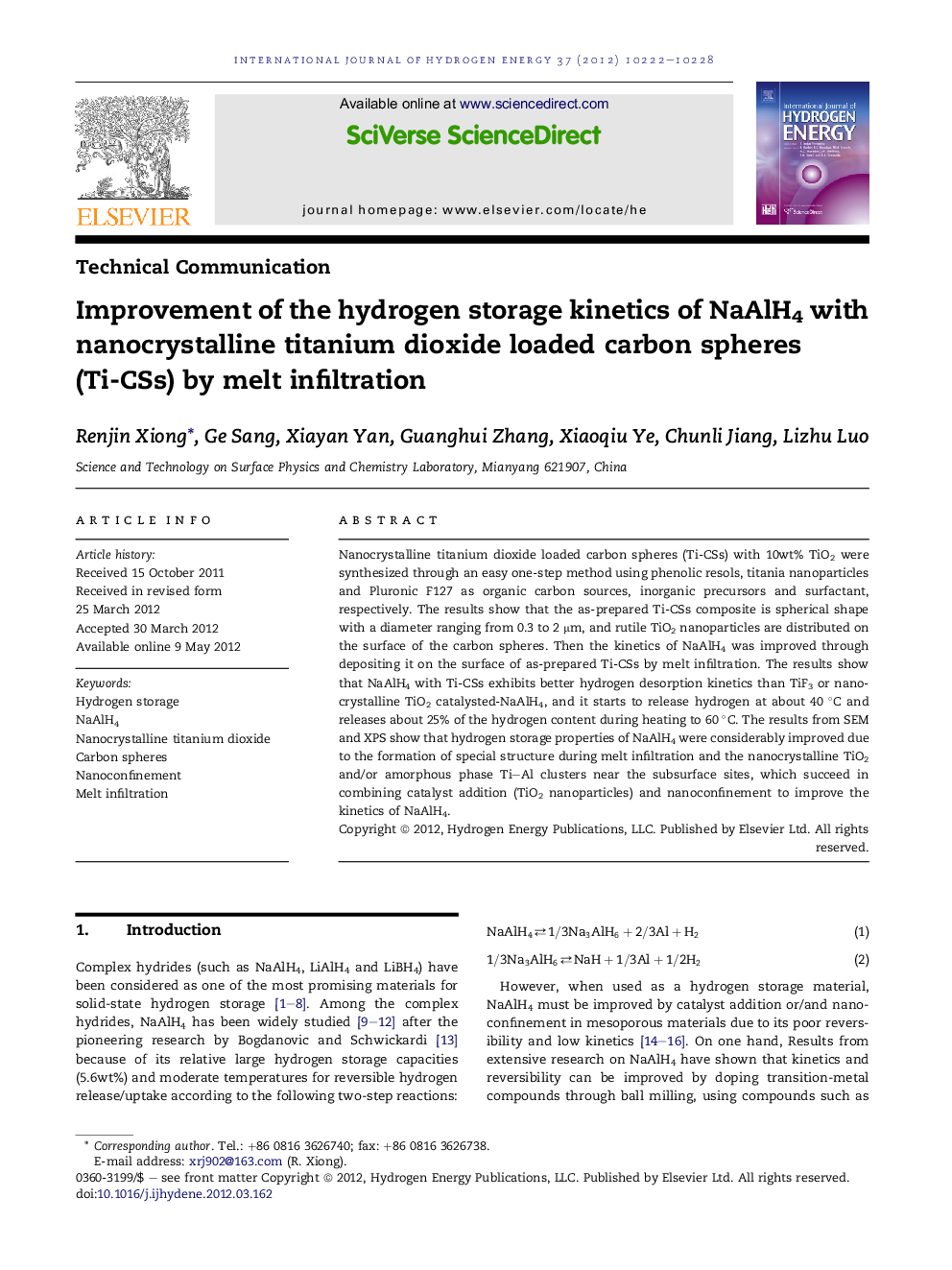 Improvement of the hydrogen storage kinetics of NaAlH4 with nanocrystalline titanium dioxide loaded carbon spheres (Ti-CSs) by melt infiltration