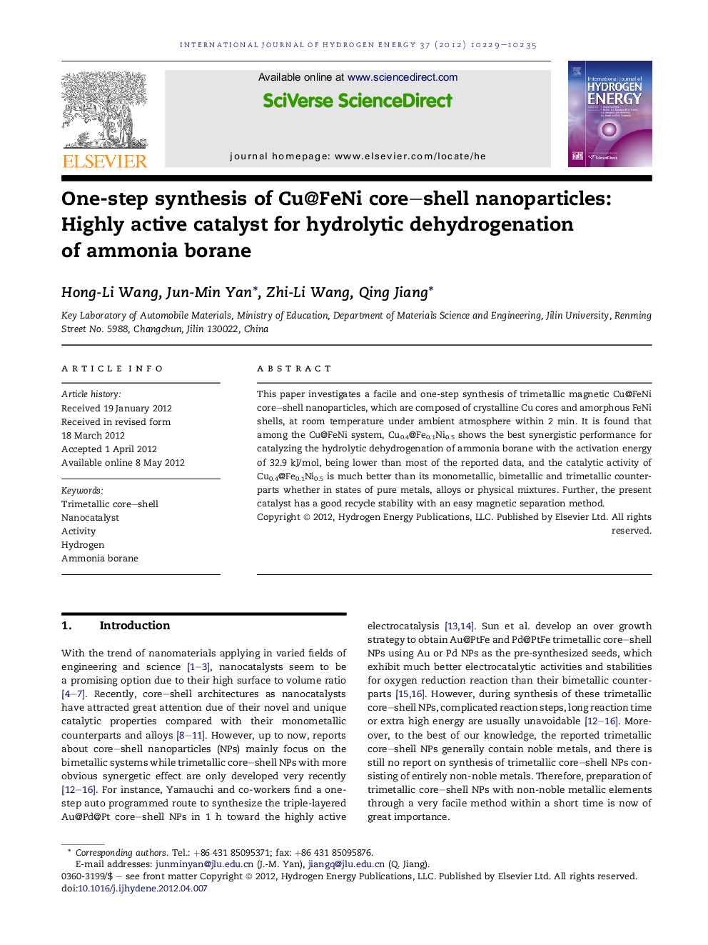 One-step synthesis of Cu@FeNi core–shell nanoparticles: Highly active catalyst for hydrolytic dehydrogenation of ammonia borane