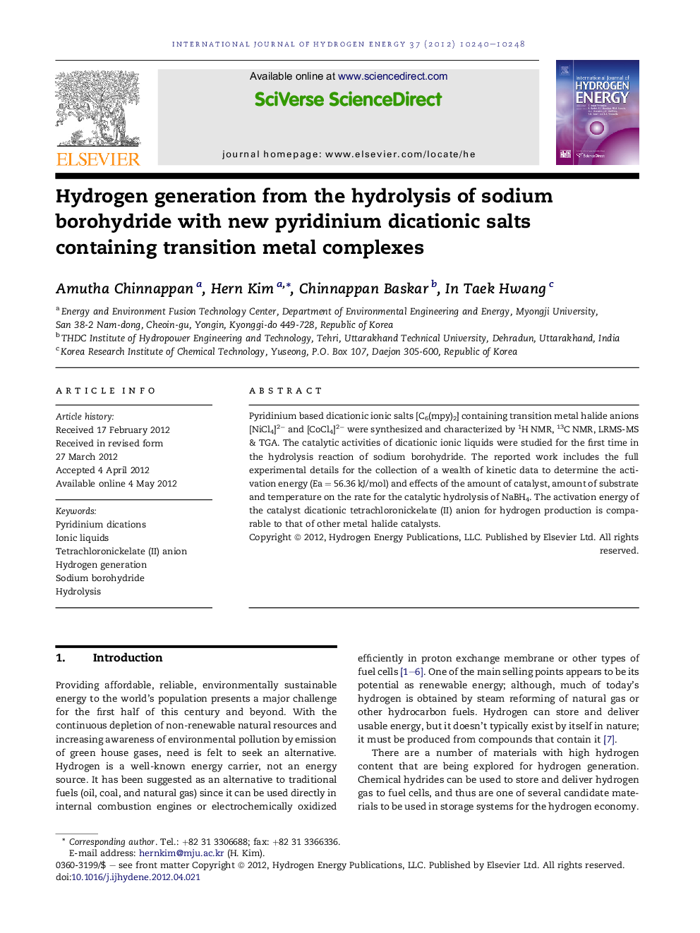 Hydrogen generation from the hydrolysis of sodium borohydride with new pyridinium dicationic salts containing transition metal complexes