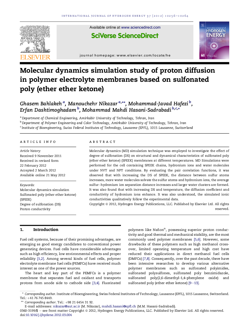 Molecular dynamics simulation study of proton diffusion in polymer electrolyte membranes based on sulfonated poly (ether ether ketone)