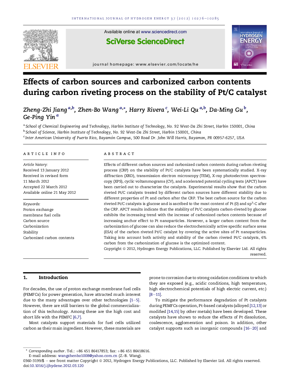 Effects of carbon sources and carbonized carbon contents during carbon riveting process on the stability of Pt/C catalyst