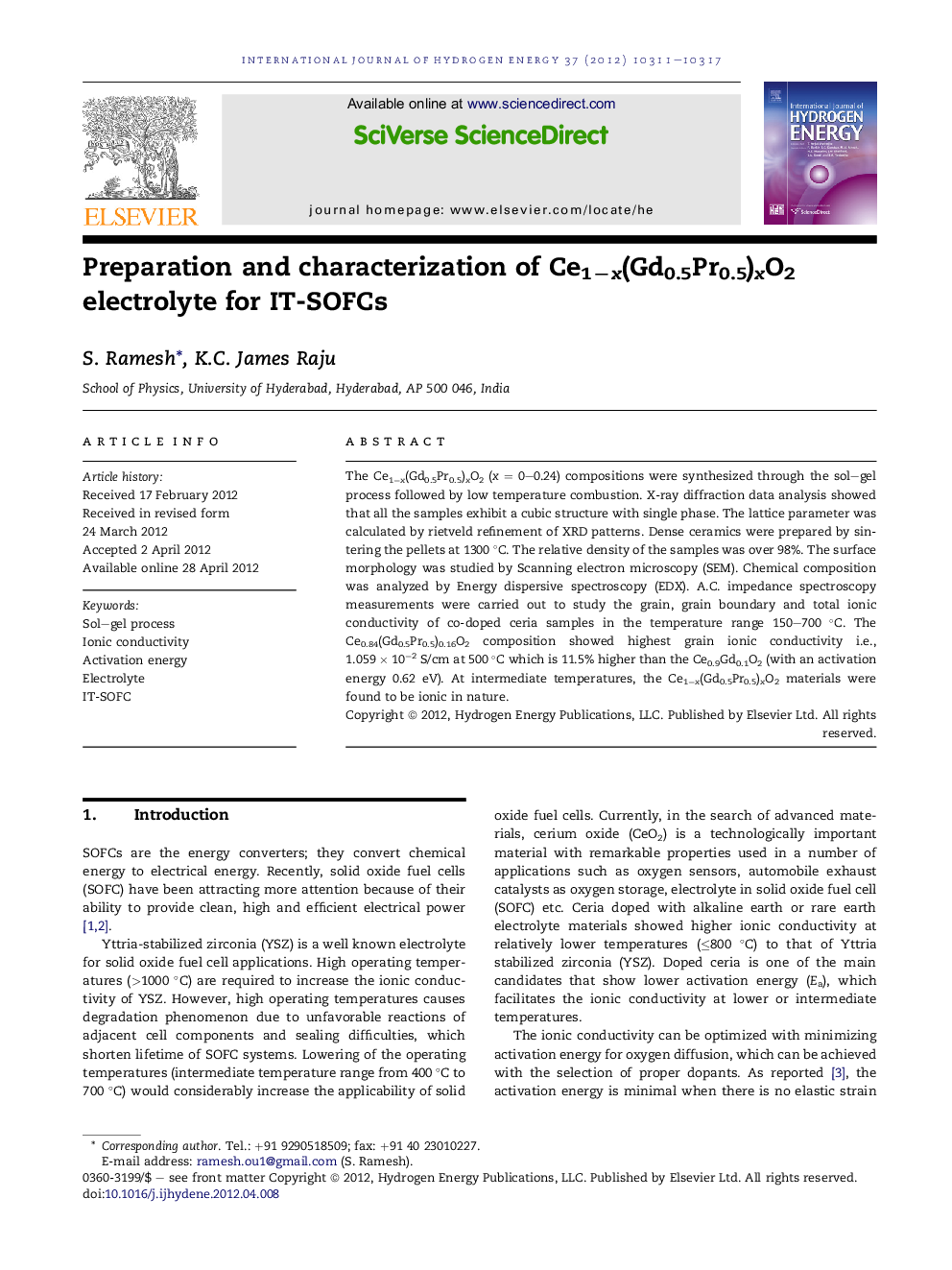 Preparation and characterization of Ce1−x(Gd0.5Pr0.5)xO2 electrolyte for IT-SOFCs