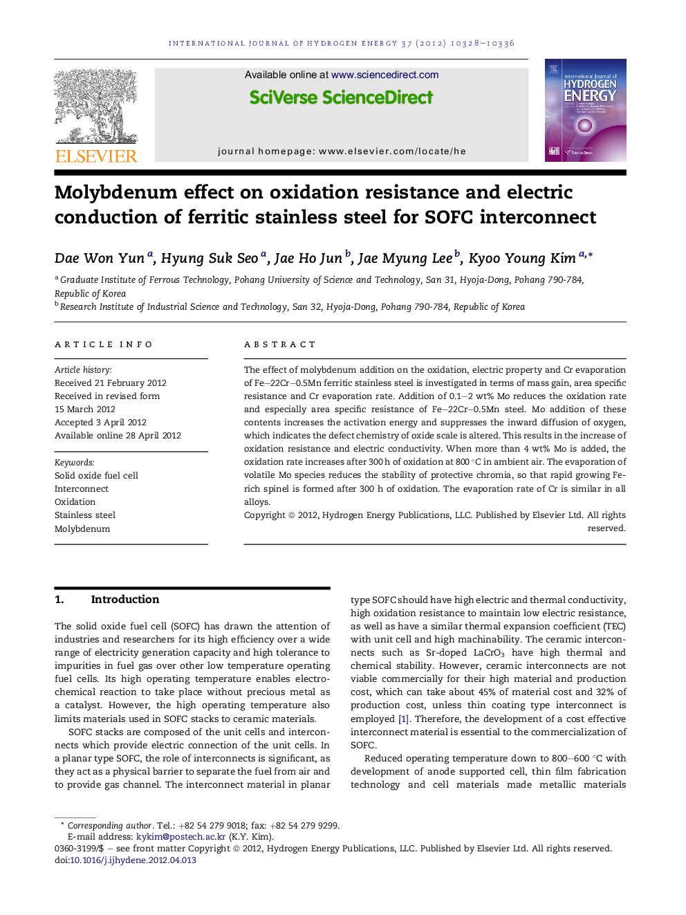 Molybdenum effect on oxidation resistance and electric conduction of ferritic stainless steel for SOFC interconnect