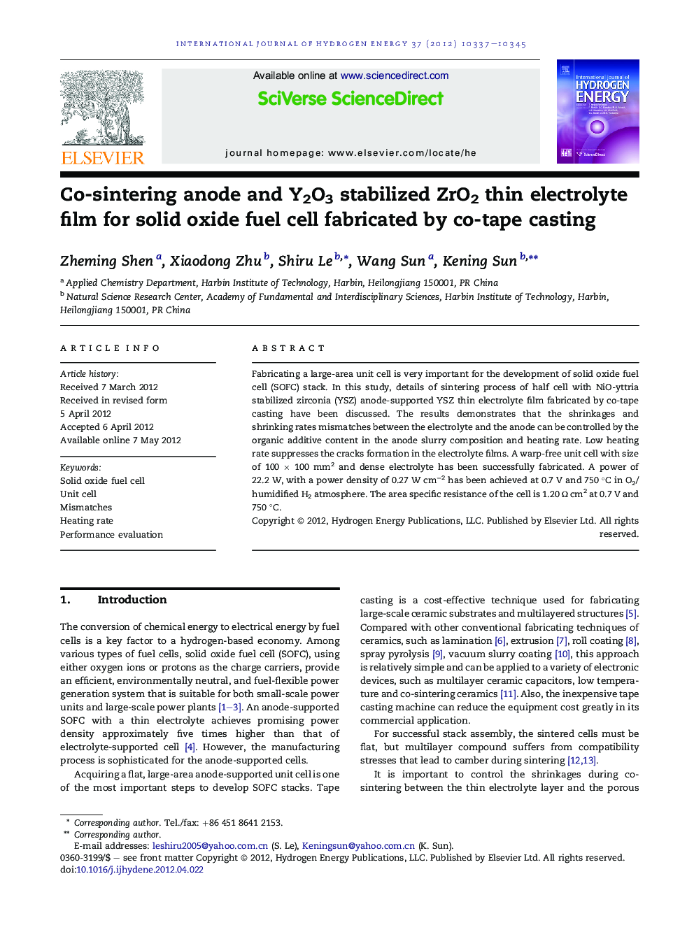 Co-sintering anode and Y2O3 stabilized ZrO2 thin electrolyte film for solid oxide fuel cell fabricated by co-tape casting